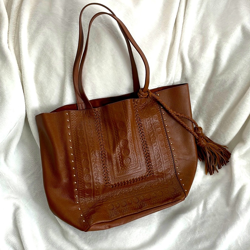 Large saddle brown leather tote